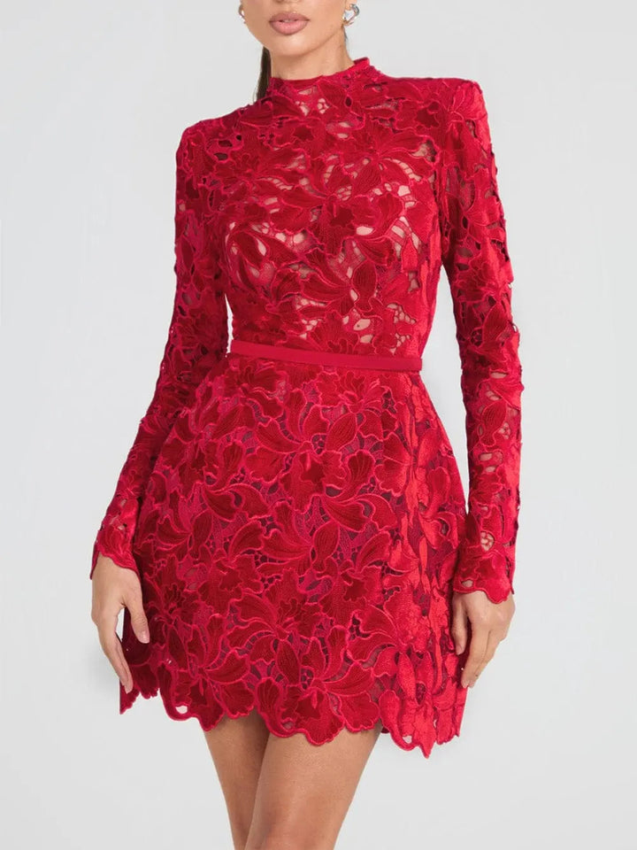 Women’s Long Sleeve Lace Cocktail Mini Dress with High Neck and Scalloped Hem