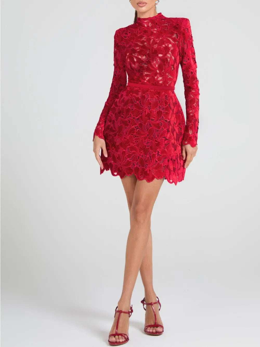 Women’s Long Sleeve Lace Cocktail Mini Dress with High Neck and Scalloped Hem