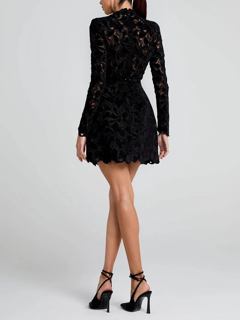 Women’s Long Sleeve Lace Cocktail Mini Dress with High Neck and Scalloped Hem