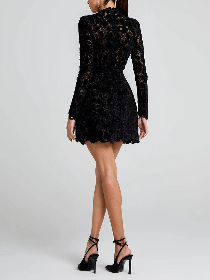 Women’s Long Sleeve Lace Cocktail Mini Dress with High Neck and Scalloped Hem