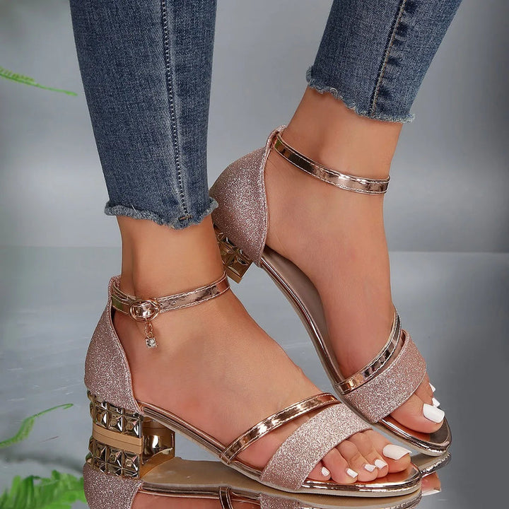 Women’s Metallic Block Heel Sandals With Ankle-Strap