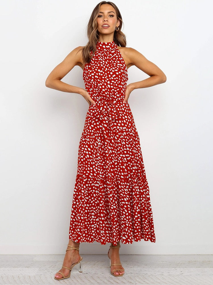 Polka Dot Midi Dress with Halter Neck and Waist Tie