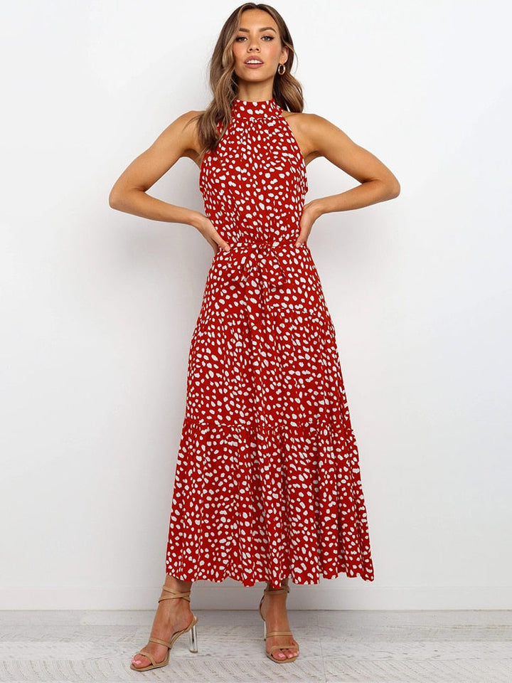 Polka Dot Midi Dress with Halter Neck and Waist Tie
