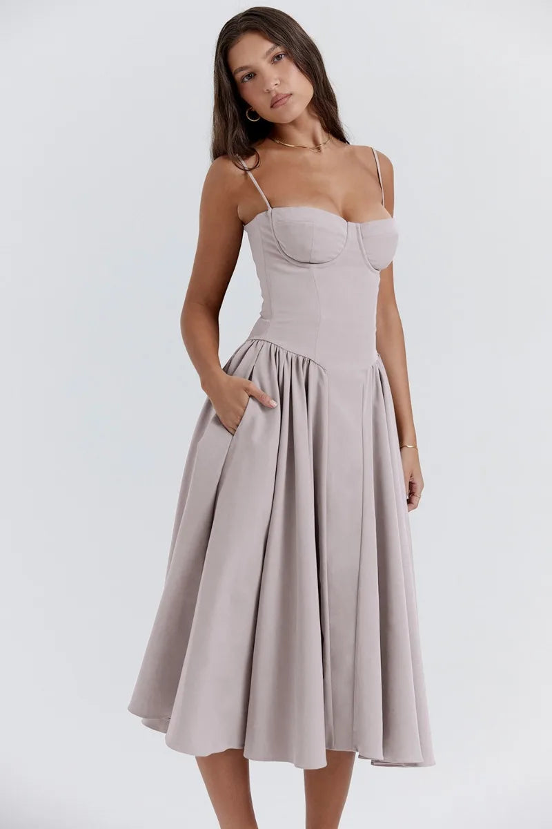 Women’s Bustier Midi Dress with Full Gathered Skirt