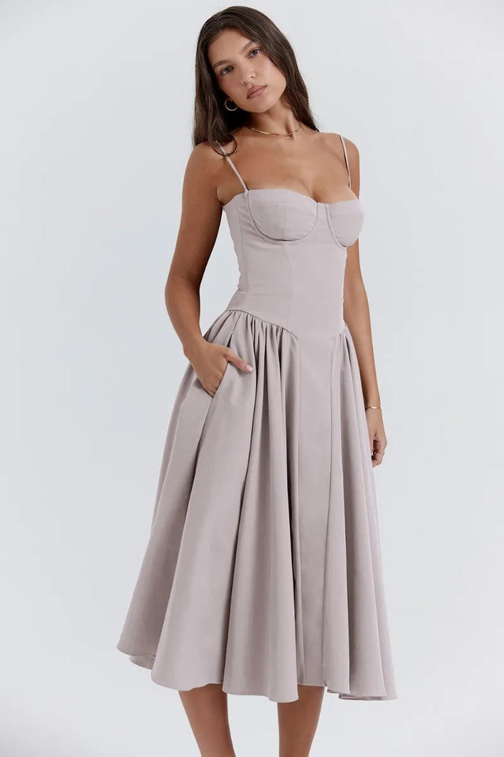Women’s Bustier Midi Dress with Full Gathered Skirt