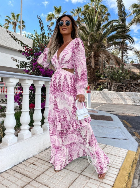 V-Neck Maxi Dress with Waist Cut-Outs and Tiered Skirt