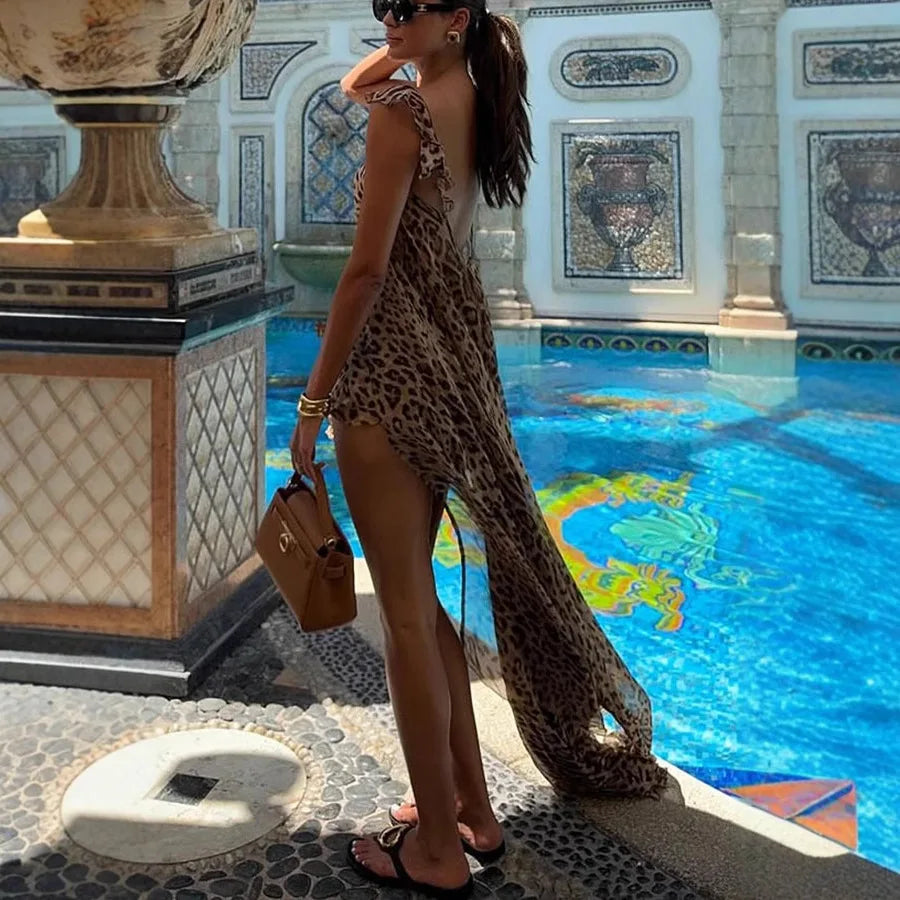 Women’s Leopard Print Two Piece Set with Maxi Overlay