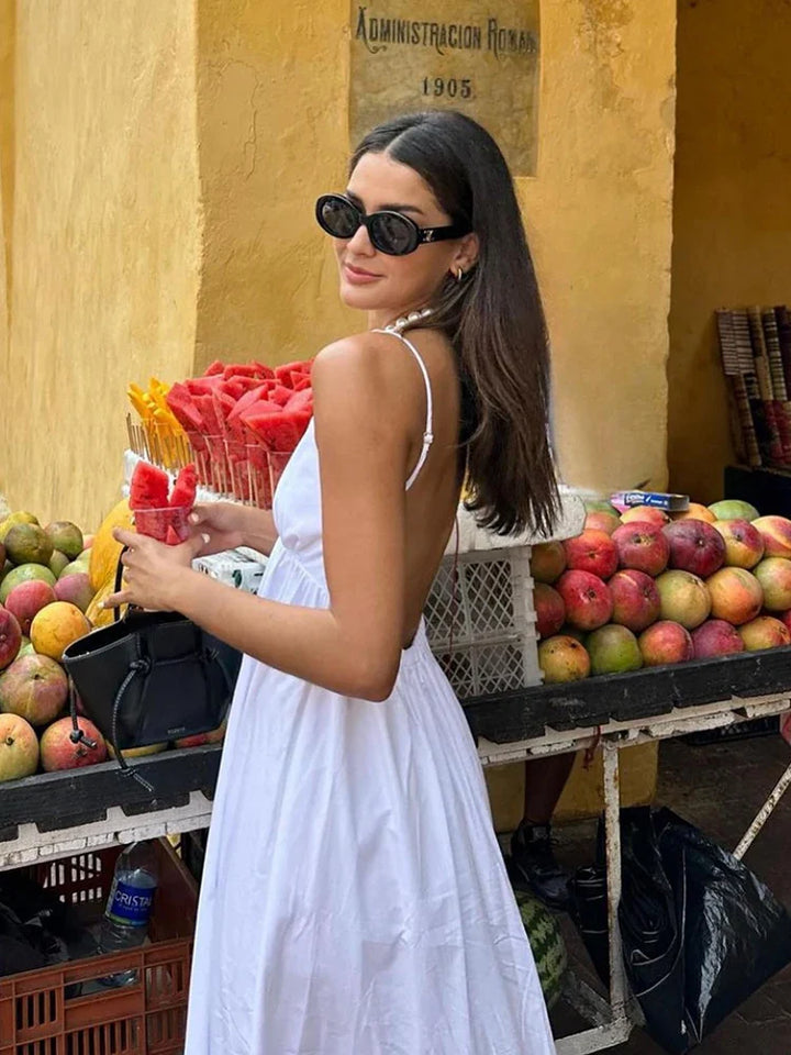 Women’s White Backless Maxi Dress with V-Neck