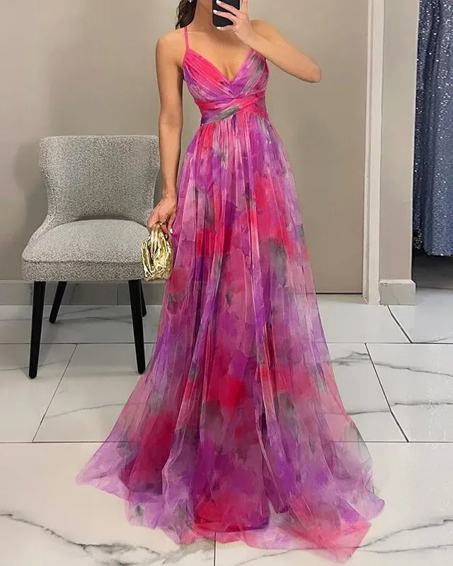 Women's Sleeveless Floral Print Maxi Guest Gown