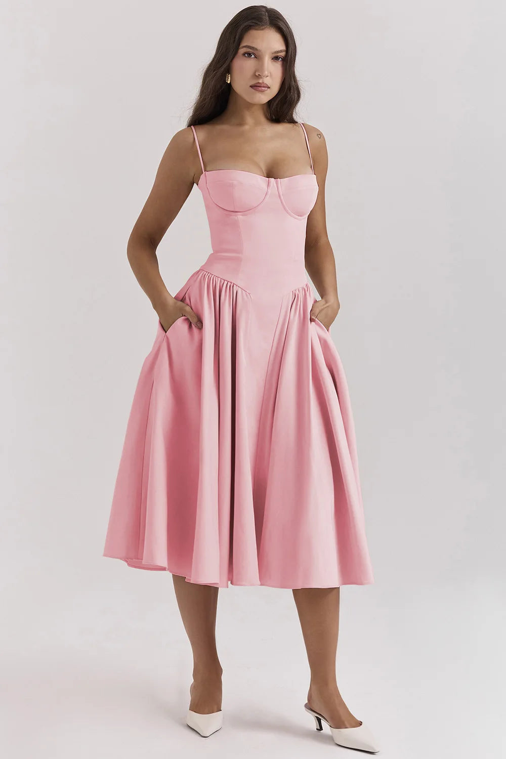 Women’s Bustier Midi Dress with Full Gathered Skirt
