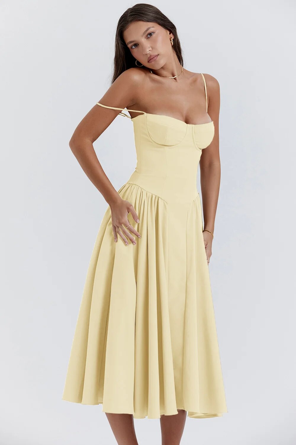 Women’s Bustier Midi Dress with Full Gathered Skirt