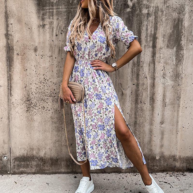 Women’s Floral Midi Summer Dress with V-Neck and Slit
