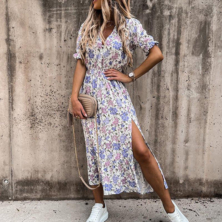 Women’s Floral Midi Summer Dress with V-Neck and Slit