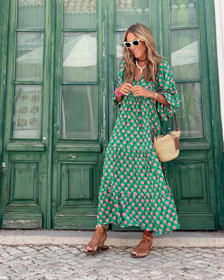 Women’s V-Neck Tiered Maxi Dress with Puff Sleeves