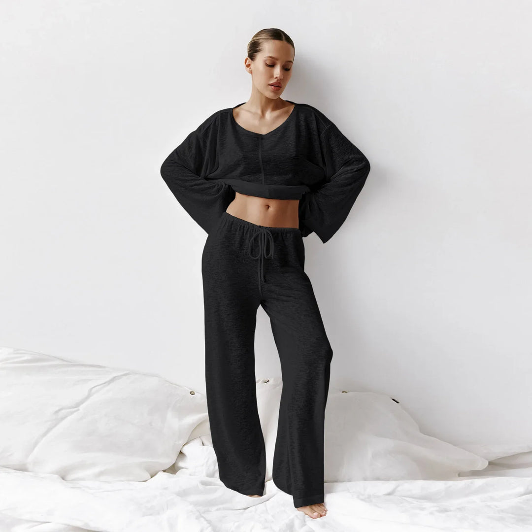 Women’s Long Sleeves Top Two Piece Loungewear Set with Wide Legs Drawstring Pants
