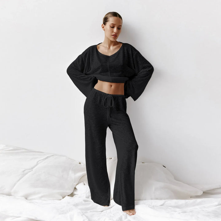 Women’s Long Sleeves Top Two Piece Loungewear Set with Wide Legs Drawstring Pants