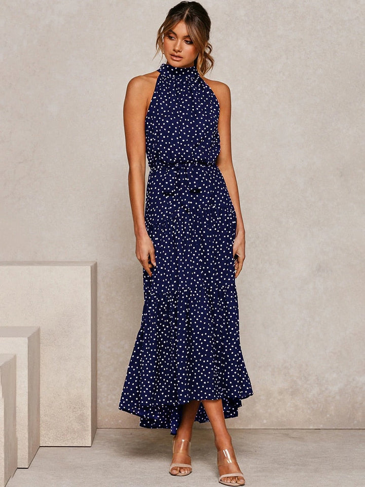 Polka Dot Midi Dress with Halter Neck and Waist Tie