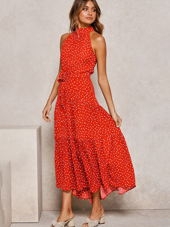 Polka Dot Midi Dress with Halter Neck and Waist Tie