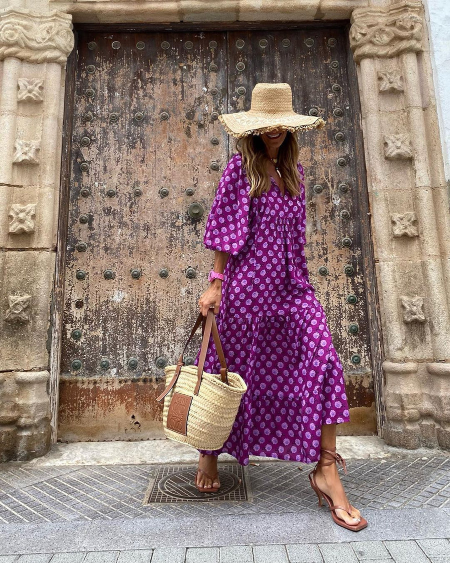Women’s V-Neck Tiered Maxi Dress with Puff Sleeves
