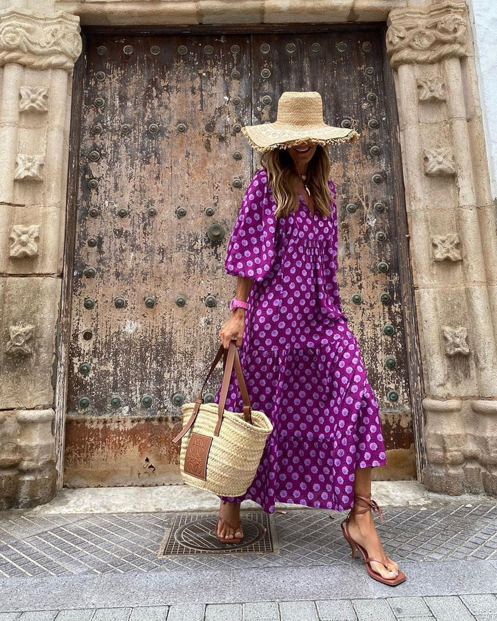 Women’s V-Neck Tiered Maxi Dress with Puff Sleeves