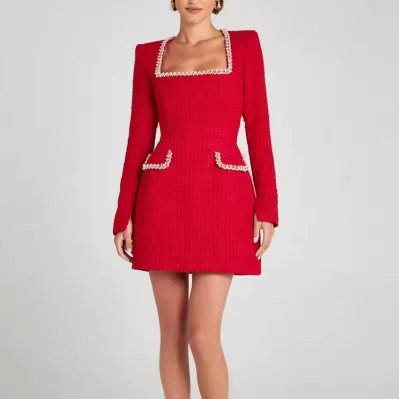 Women’s Square-Neck Mini Dress with Long Sleeves
