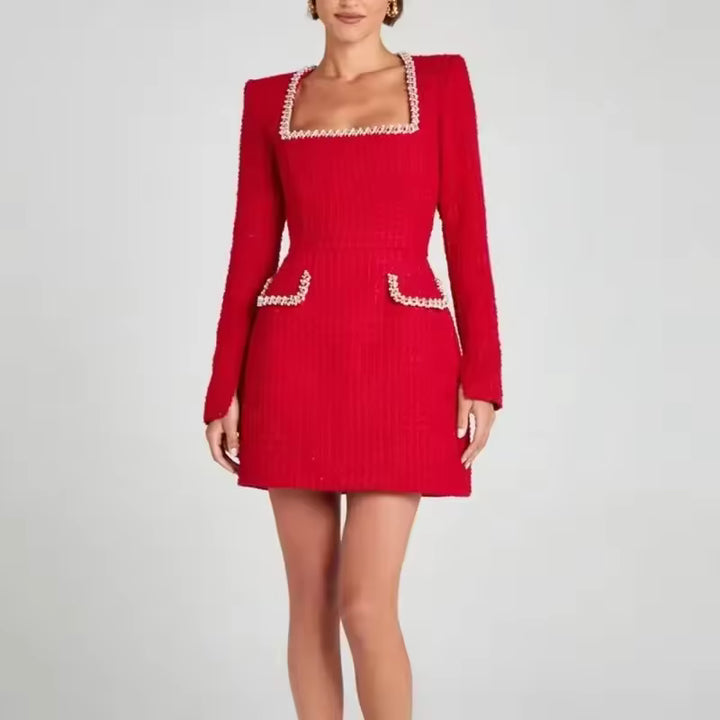 Women’s Square-Neck Mini Dress with Long Sleeves