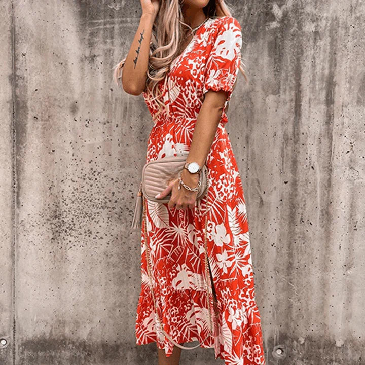 Women’s Floral Midi Summer Dress with V-Neck and Slit