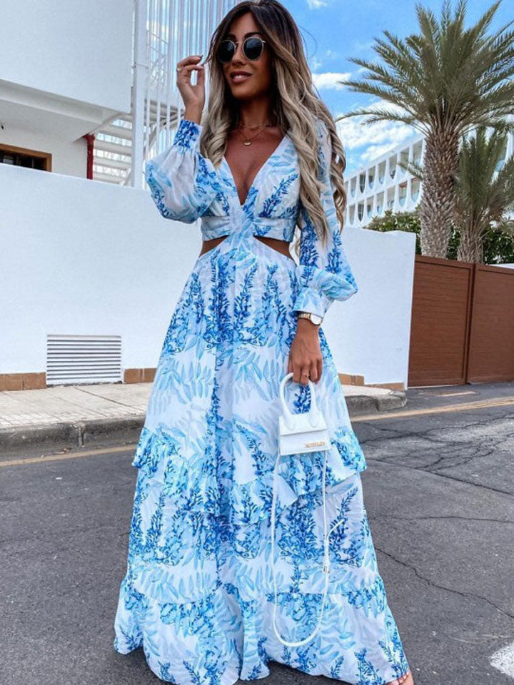 V-Neck Maxi Dress with Waist Cut-Outs and Tiered Skirt
