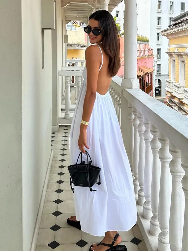 Women’s White Backless Maxi Dress with V-Neck