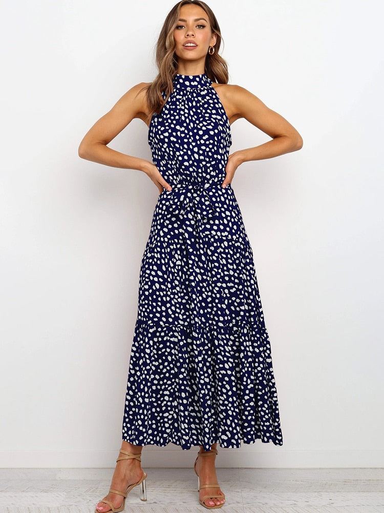 Polka Dot Midi Dress with Halter Neck and Waist Tie
