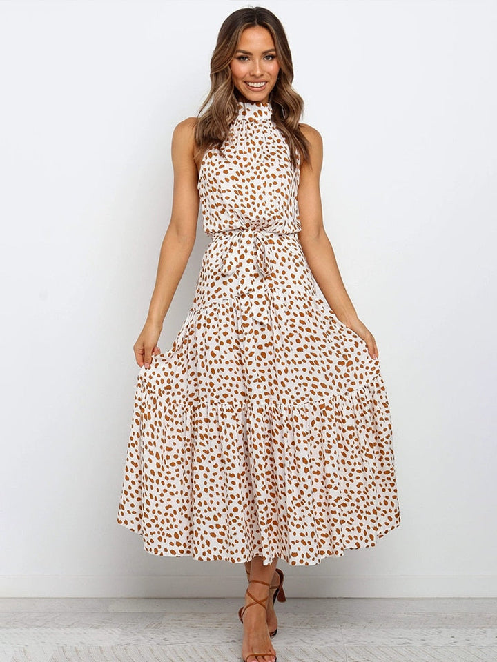 Polka Dot Midi Dress with Halter Neck and Waist Tie