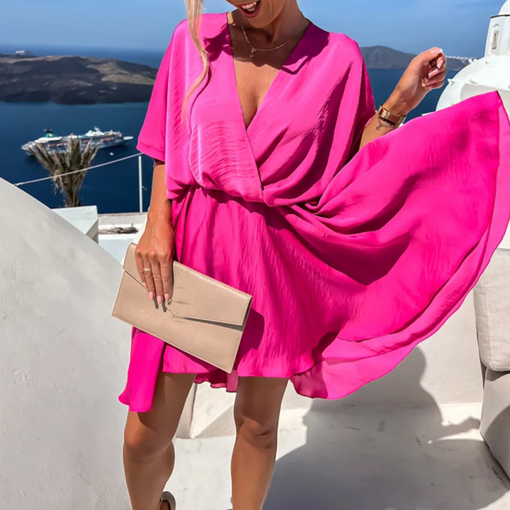 Women’s V-neck Wrap Mini Dress with Flutter Sleeves