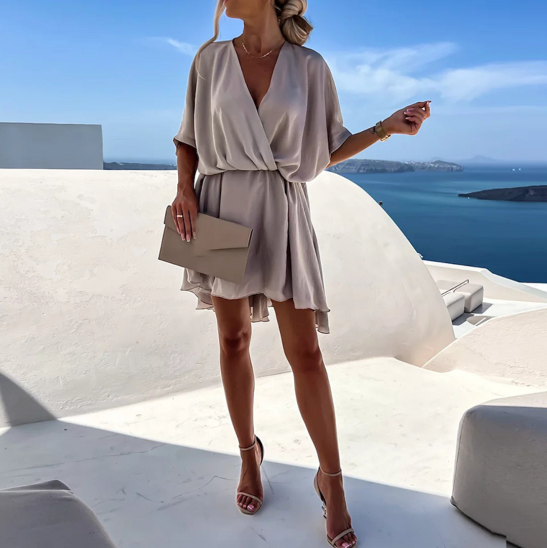 Women’s V-neck Wrap Mini Dress with Flutter Sleeves