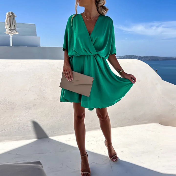Women’s V-neck Wrap Mini Dress with Flutter Sleeves