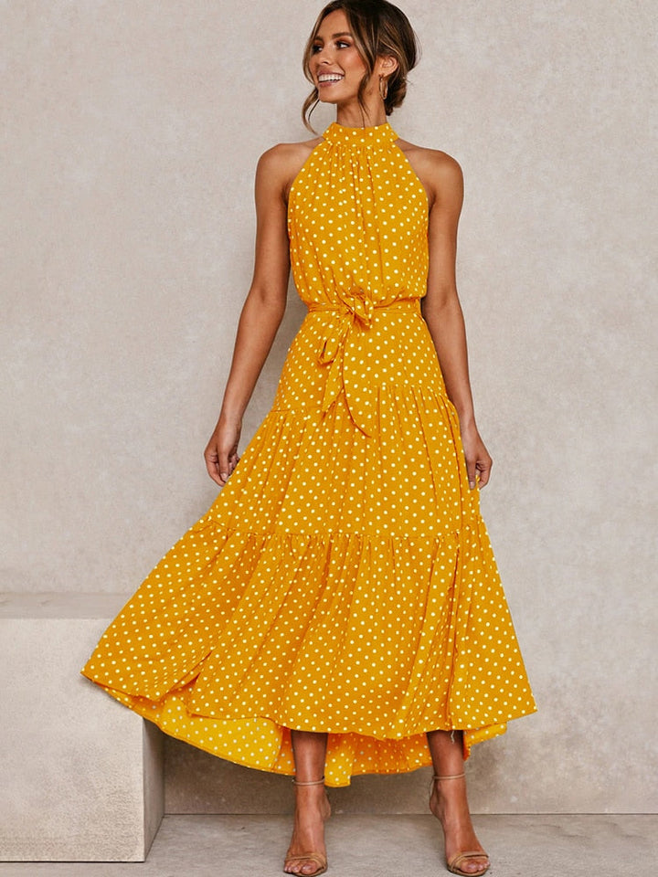 Polka Dot Midi Dress with Halter Neck and Waist Tie