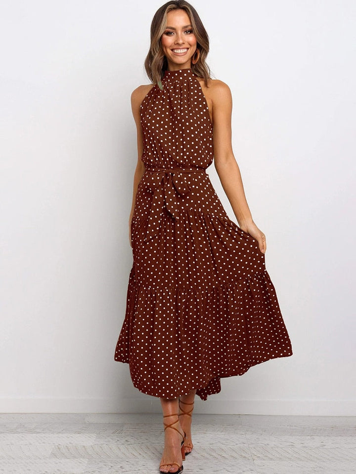 Polka Dot Midi Dress with Halter Neck and Waist Tie