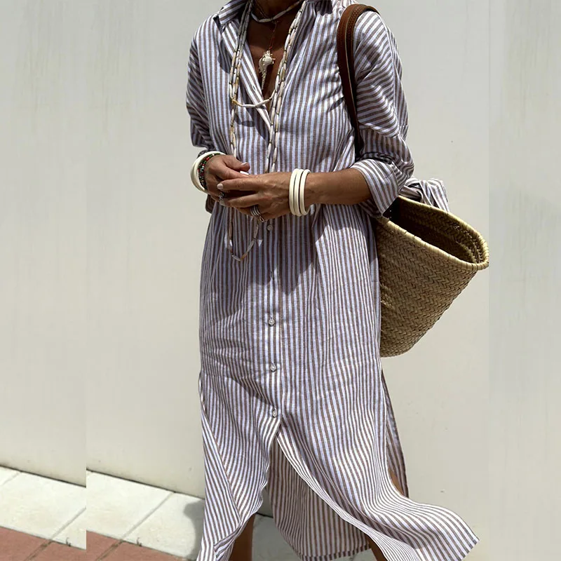Striped Midi Shirt Dress for Women