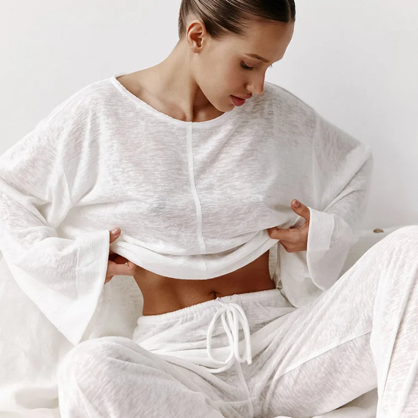 Women’s Long Sleeves Top Two Piece Loungewear Set with Wide Legs Drawstring Pants