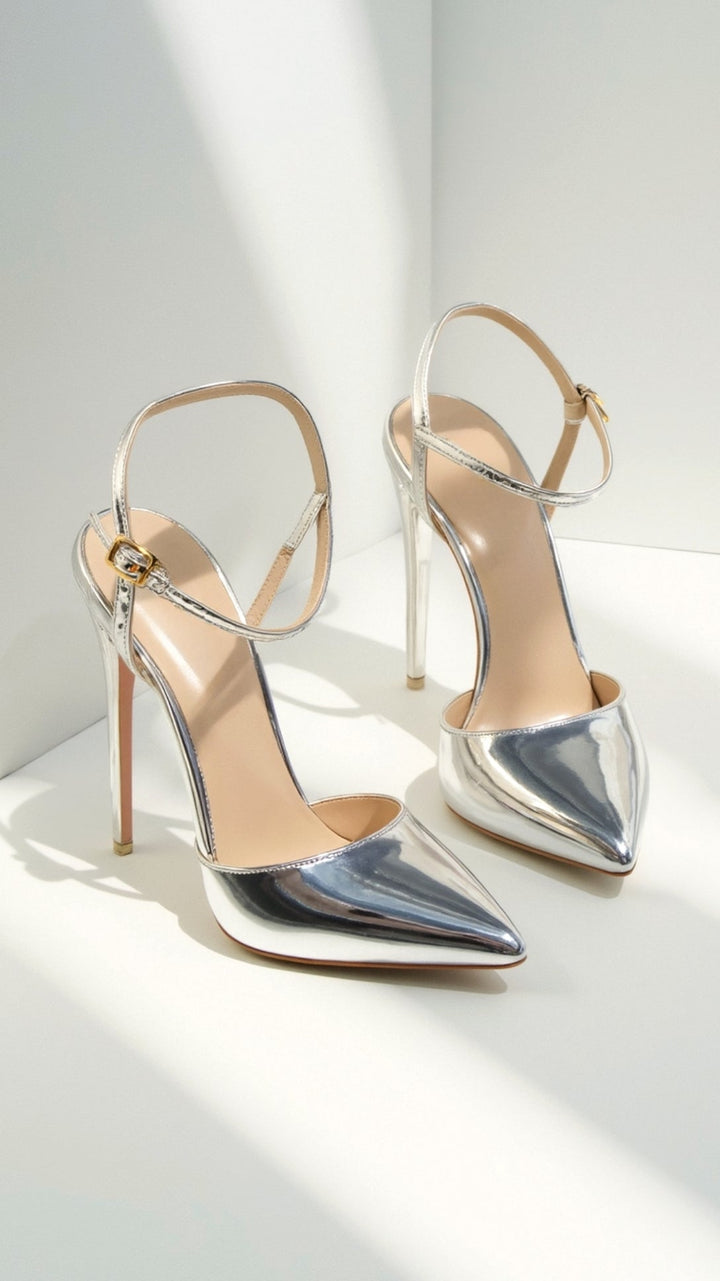 Women's Metallic Stilettos Heels Pointed-Toe with Ankle-Strap