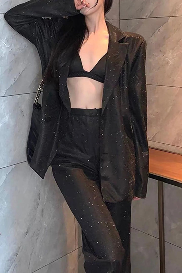 Women’s Sequin Blazer Three-Piece Set with Pants