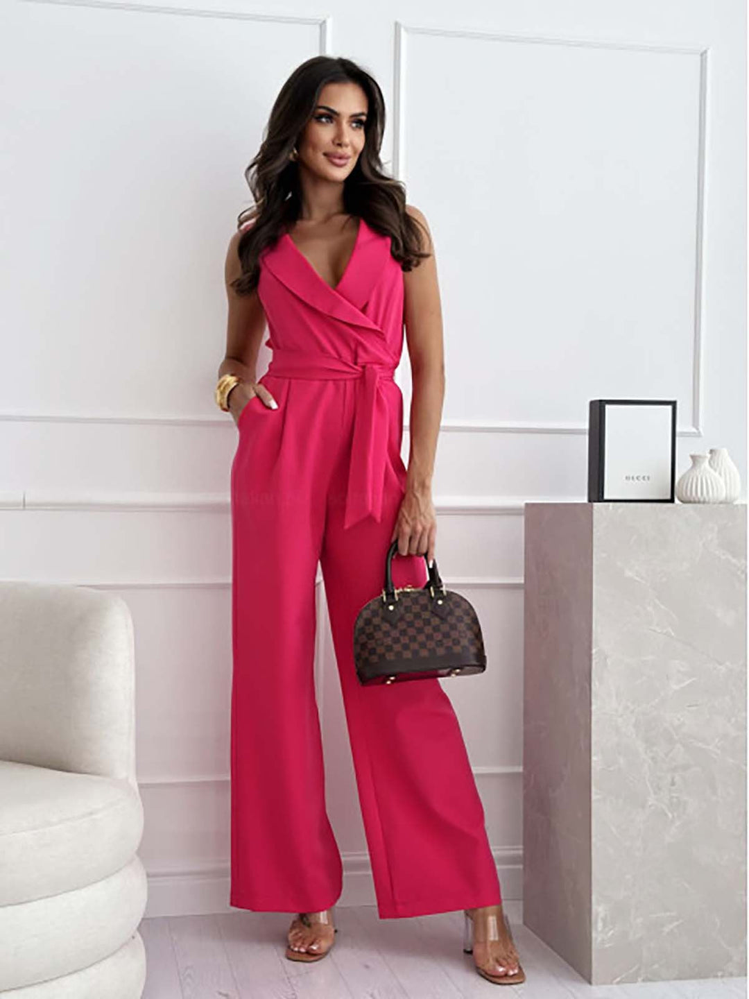 Women’s Sleeveless Wrap Waist-Tie Jumpsuit with Wide Legs