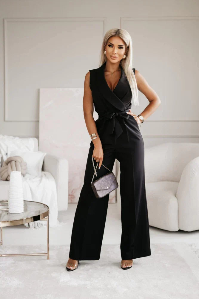 Women’s Sleeveless Wrap Waist-Tie Jumpsuit with Wide Legs