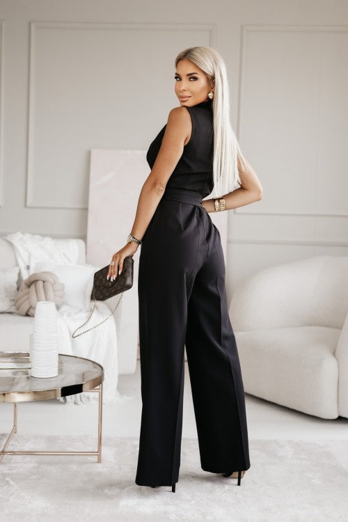 Women’s Sleeveless Wrap Waist-Tie Jumpsuit with Wide Legs