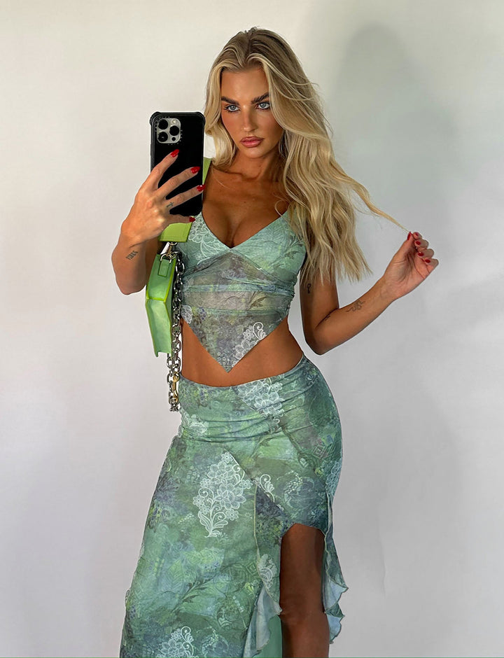 Women’s Floral Mesh Two Piece Set with Maxi Skirt
