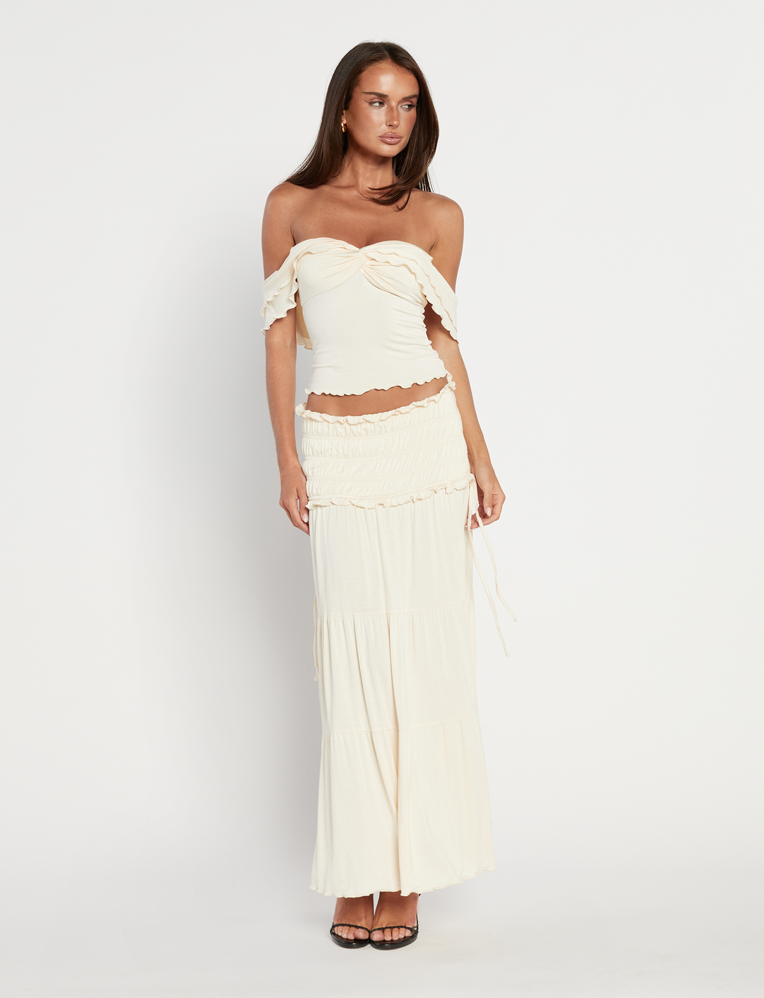 Women’s Off-Shoulder Ruffle Two-Piece Set with Maxi Skirt