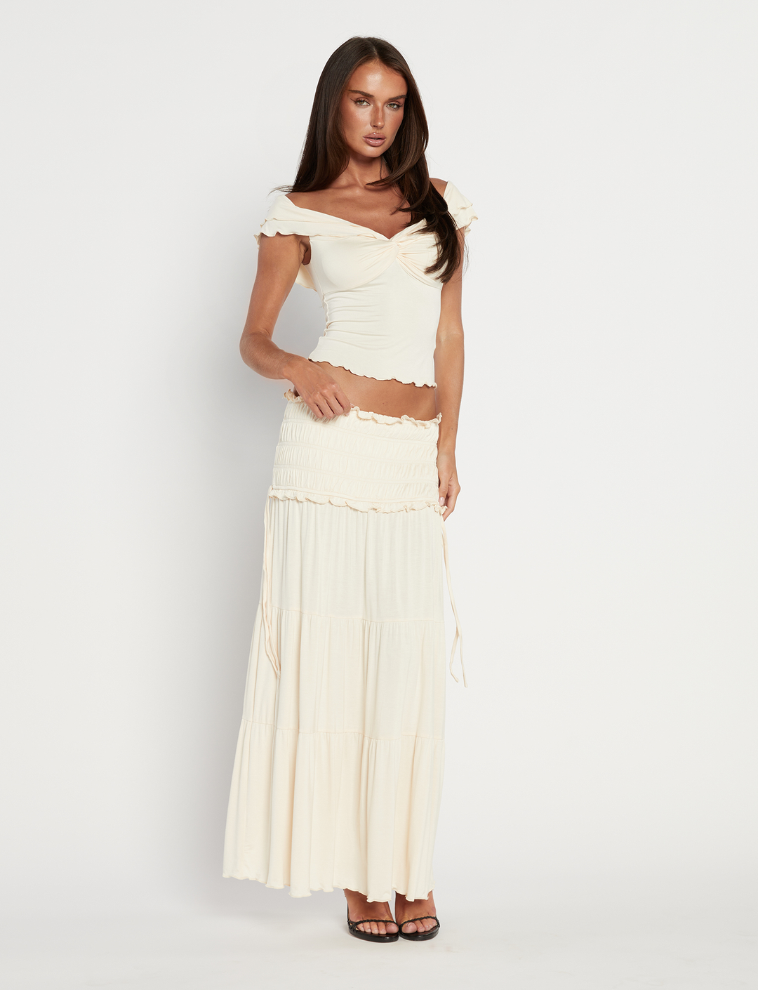 Women’s Off-Shoulder Ruffle Two-Piece Set with Maxi Skirt