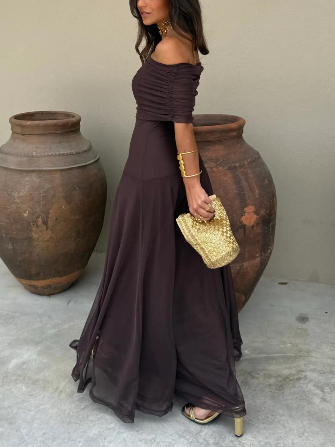 Women’s Off-Shoulder Maxi Dress with Draped Bodice