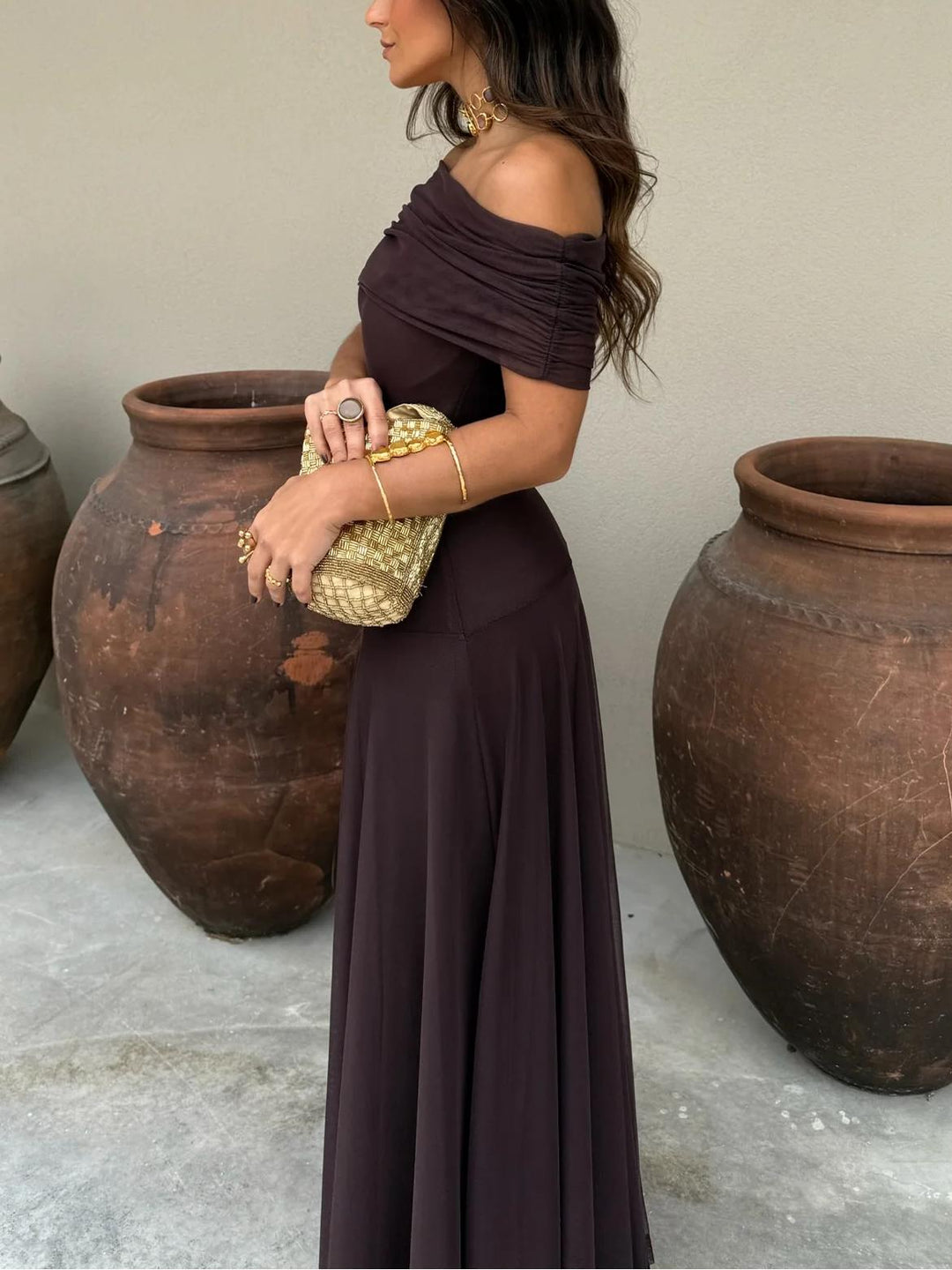 Women’s Off-Shoulder Maxi Dress with Draped Bodice