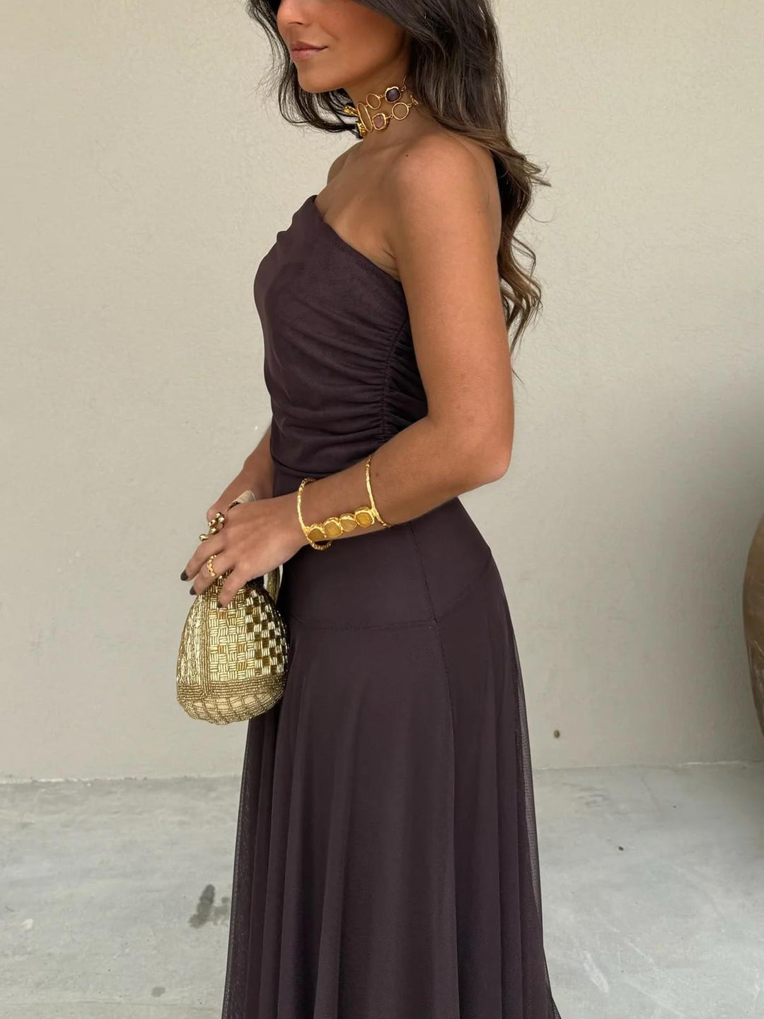 Women’s Off-Shoulder Maxi Dress with Draped Bodice