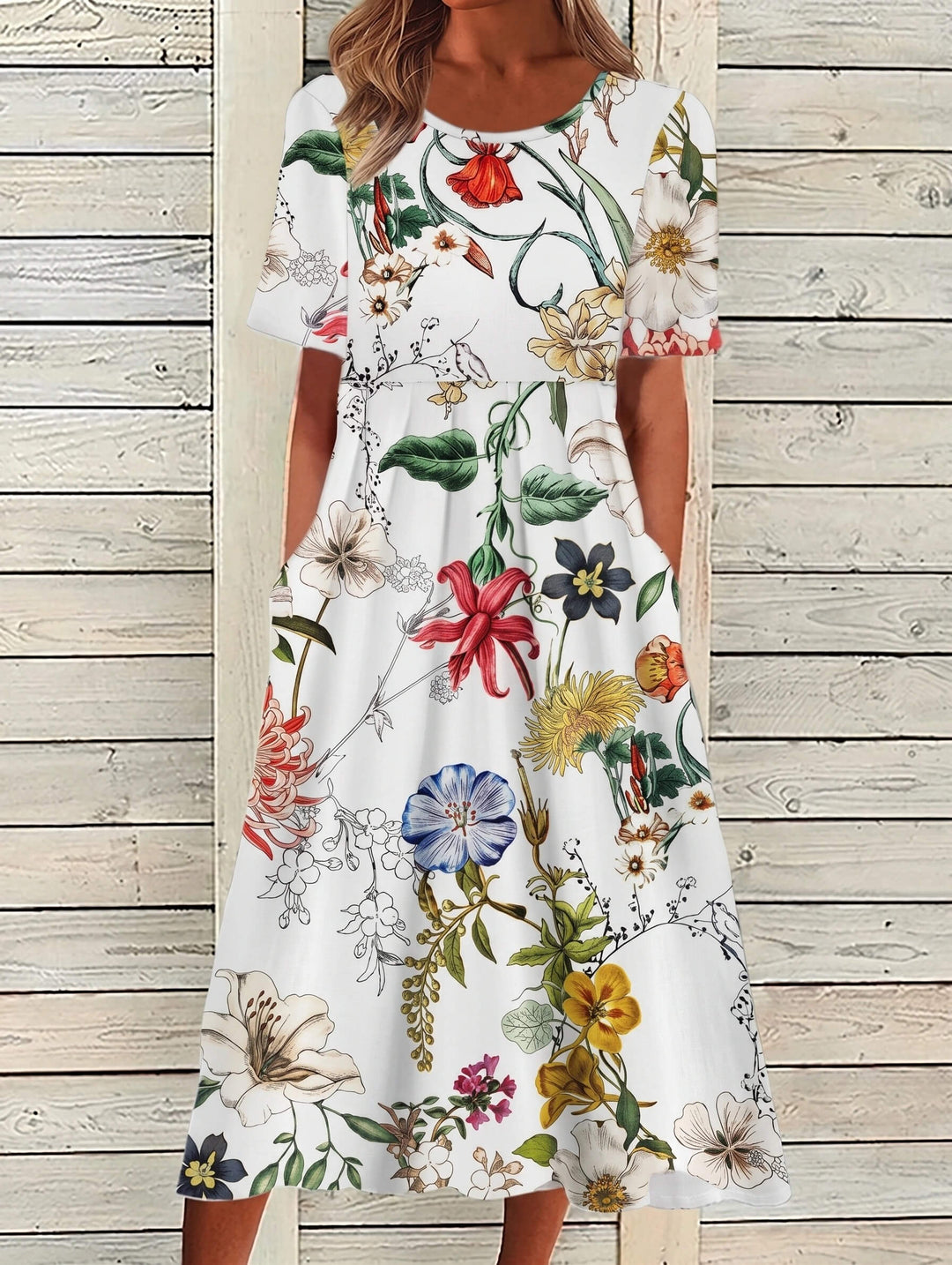 Women's Floral Midi Dress with Short Sleeves